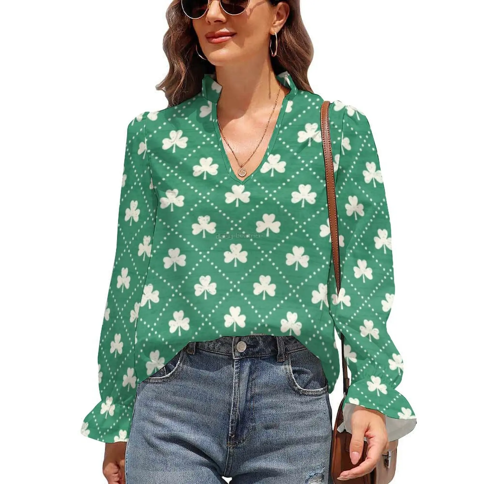 

Shamrock Pattern Chiffon Blouse Long Sleeve Plaid Dots Print Office Blouses Women V Neck Street Wear Shirts Summer Pattern Top