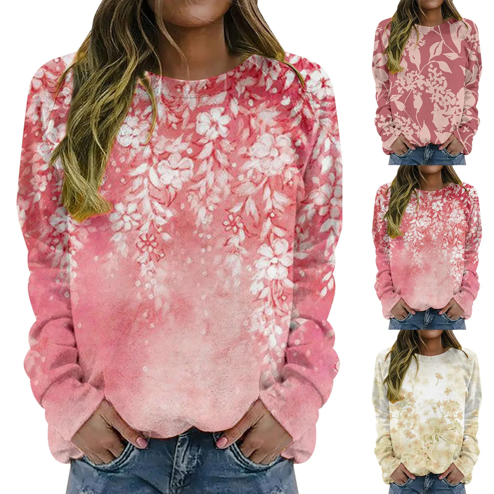 

Женский пуловер с длинным рукавом и круглым вырезом, с цветочным принтом