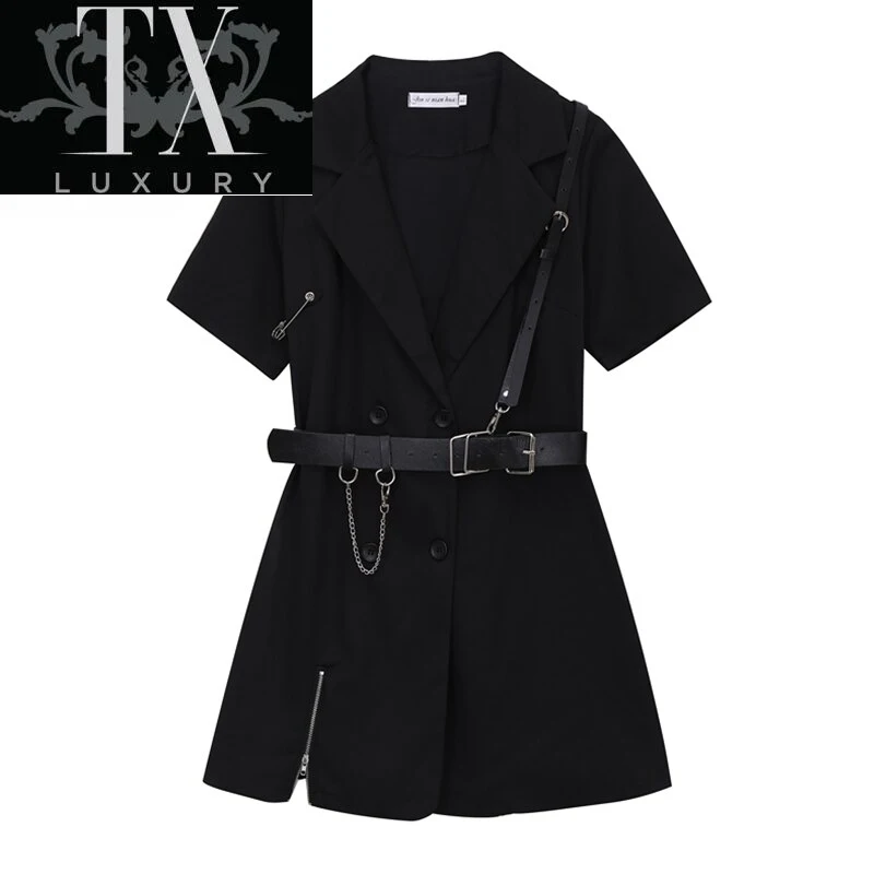 

Gothic Punk Black Blazer Short Sleeve Summer High Waist With Belt Streetwear Fashion Harajuku Goth Dress Girl