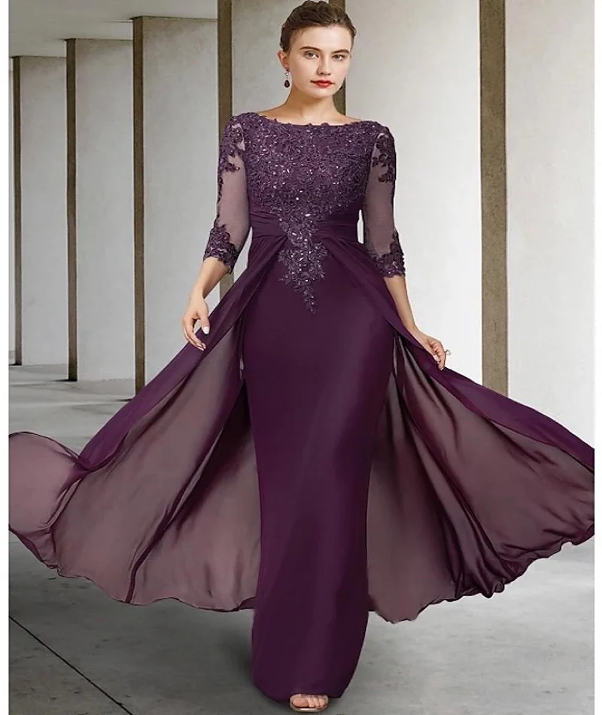 

2023 Chiffon Mother Of The Bride Dresses Beading A Line Scoop Neck Half Sleeve Purple Blue Champagne Evening Prom Mother Gowns