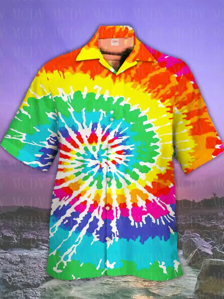 

Eye-Catching Psychedelic Rainbow Tie-Dye Ink Spill Printed Grateful Dead Cuban Collar Hawaiian Shirt