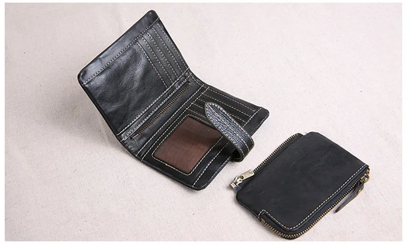 Genuine leather large capacity men women's tri-fold small wallet simple casual real cowhide credit card holder black coin purse