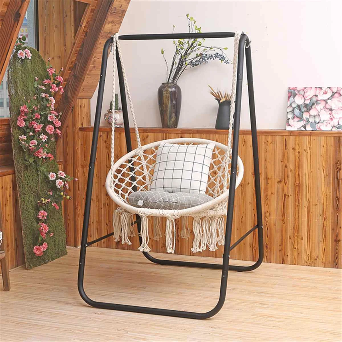 

100KG Patio Garden Hammocks Rack Set Hanging Hammock Swing Cotton Rope Chair Iron Stand Indoor Camping Outdoor Furniture