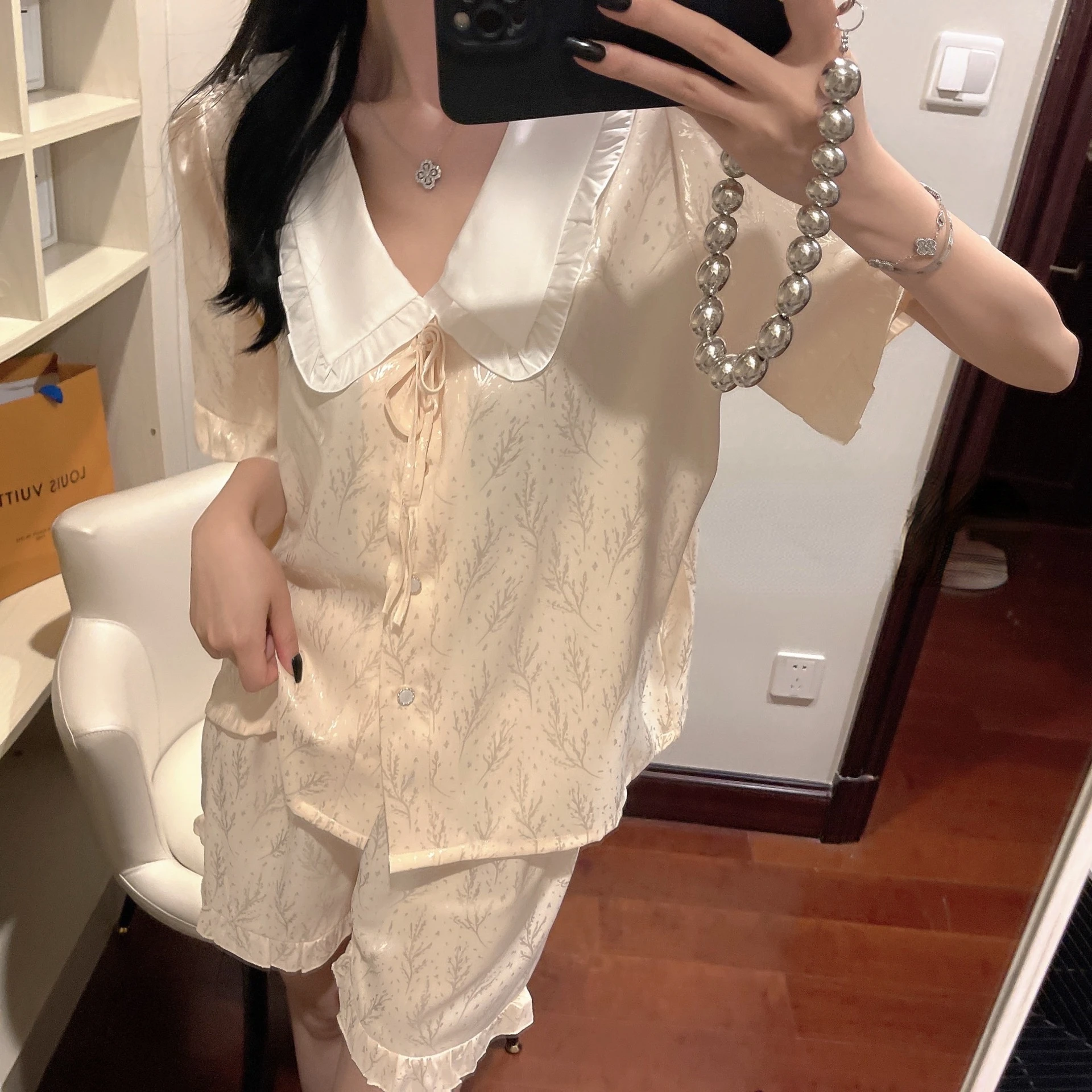 

Lisacmvpnel Sweet Women Pajamas Short Sleeved Shorts Jacquard Suit Summer Home Clothes Pyjamas