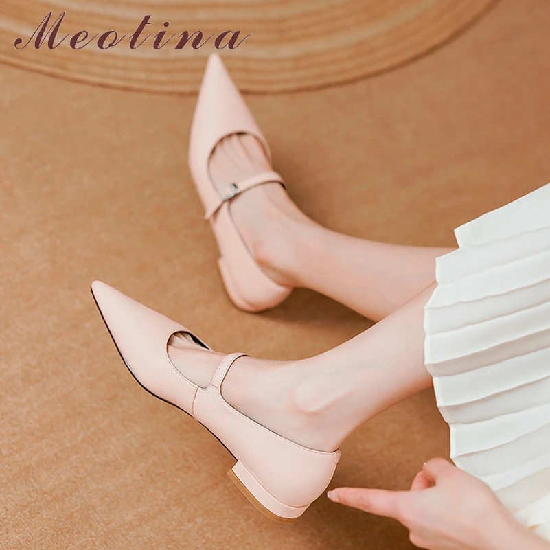 

Женские туфли с острым носком Meotina, повседневные туфли из натуральной овечьей кожи, на плоской подошве, с пряжкой, черные, коричневые, розовые, осень-весна