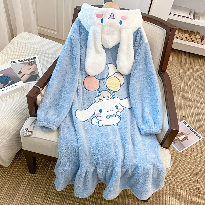 Women Winter Warm Fleece Nightgown Cute Kawaii Sleepwear Cartoon Big Eared Dog Pajamas Set Homewear Thick Flannel Nightdress Set