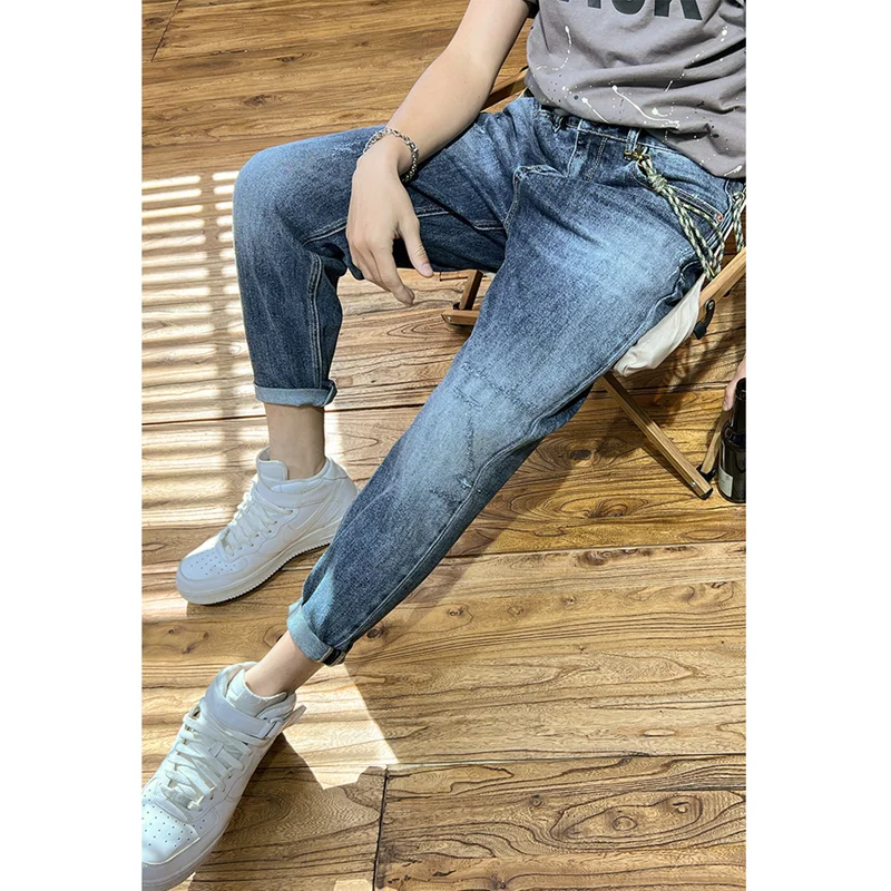 Streetwear Men 2022 New Pattern Recreational Blue Haren Pants Chaopai Small Trouser Leg Self-cultivation Jeans Autumn Female