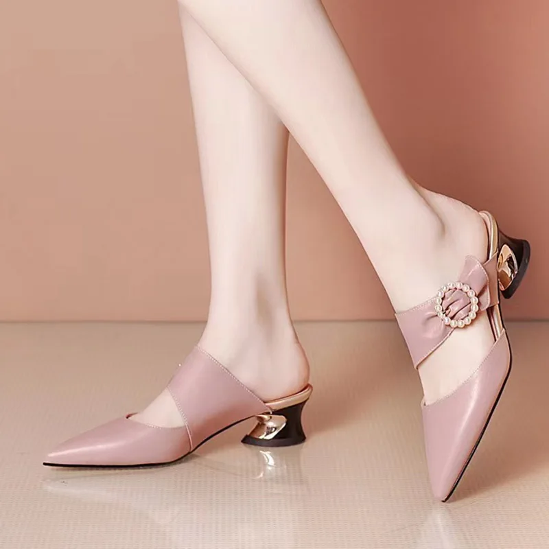 Summer Women String Bead Slides 4 cm High Heels Elegant Dress Shoes Pointed Toe Slippers White Wedding Shoes