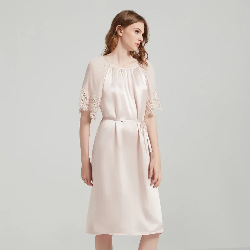 Пижамы из 100% натурального шелка шелковицы шелковая ночная рубашка с кружевными