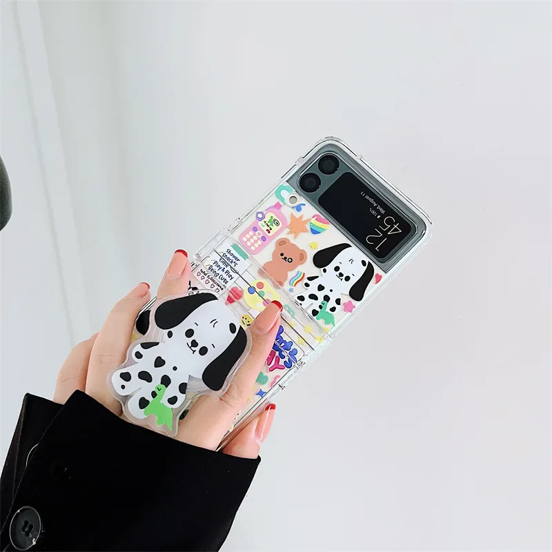Cartoon Graffiti Bear Spotted Dog Phone Case for Samsung Galaxy Z Flip 4 3 Hard Cover for ZFlip3 Zflip4 Solid Shell Bracket