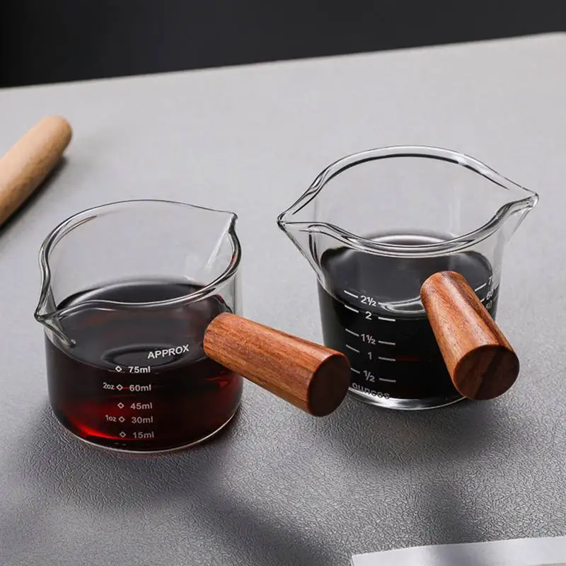 

70/75ml Heat-resisting Glass Espresso Measuring Cup Double Mouth Glass Milk Jug With Wooden Handle Glass Scale Measure Mugs