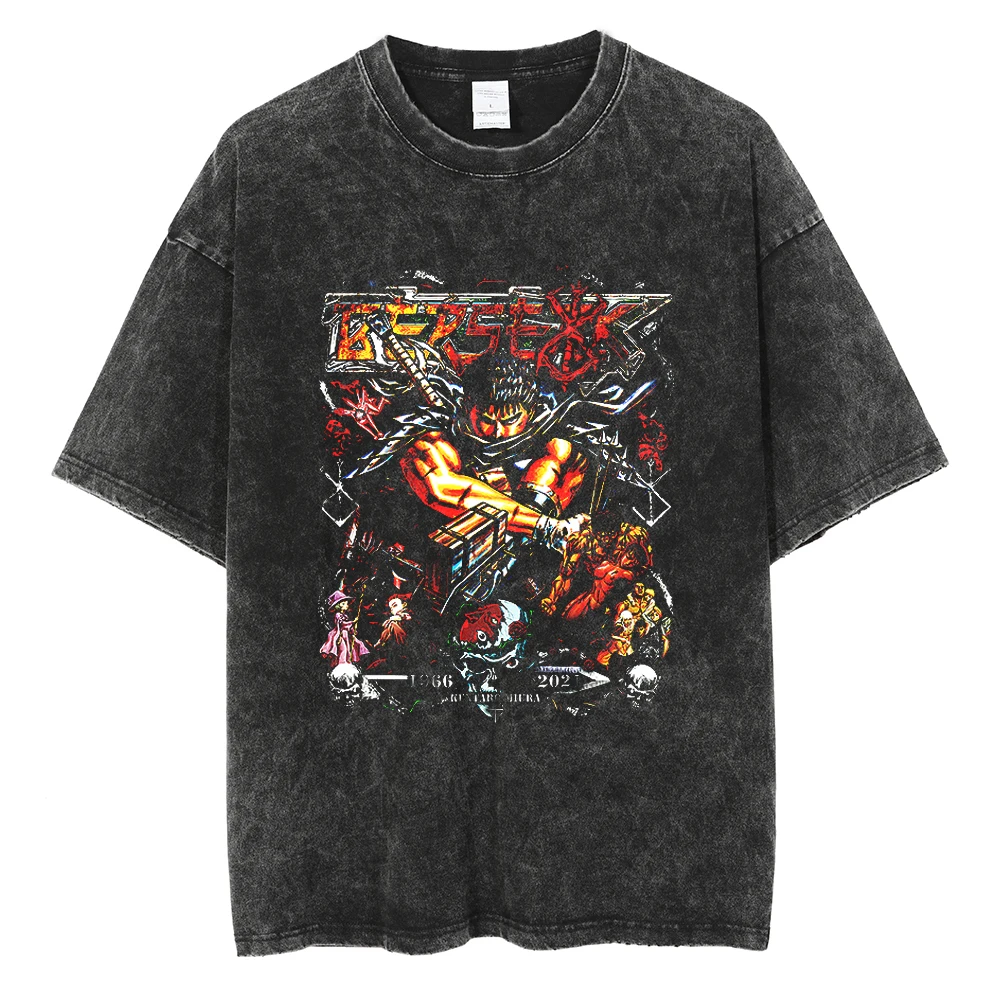 

Men Streetwear Washed Black Tshirt Japanese Anime Berserk Graphic T-Shirt Oversize Hip Hop Summer T Shirt Cotton Harajuku Tops