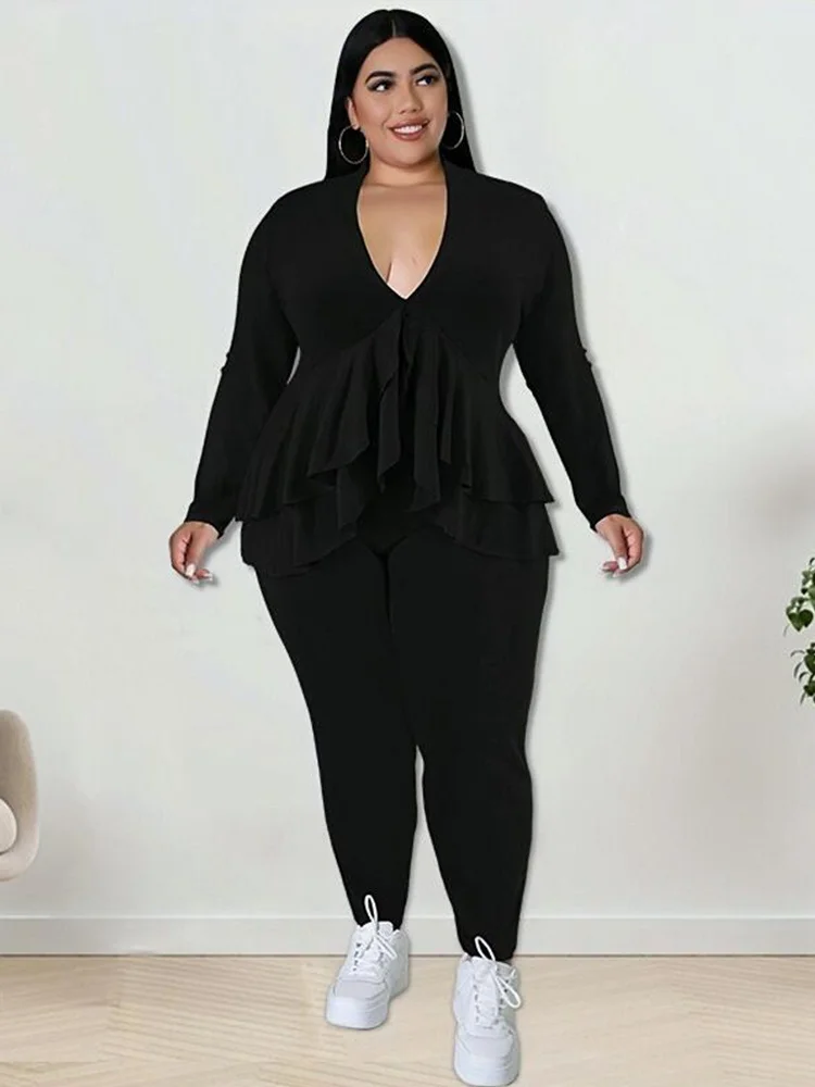 Plus Size Women Clothing Chic and Elegant Pants Suit Set Two Piece Sets Coat Ruffle Blazer Sets Wholesale Bul 3xl 4xl 5xl 6xl