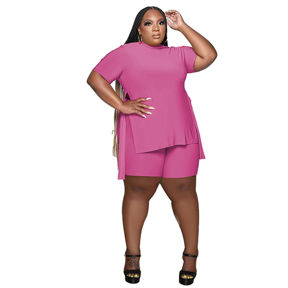 Plus Size Bright Solid Women t Shirt Set Sexy Split Short Sleeves High Waist Shorts Two-piece Set Casual 3xl 4xl 5xl 6xl