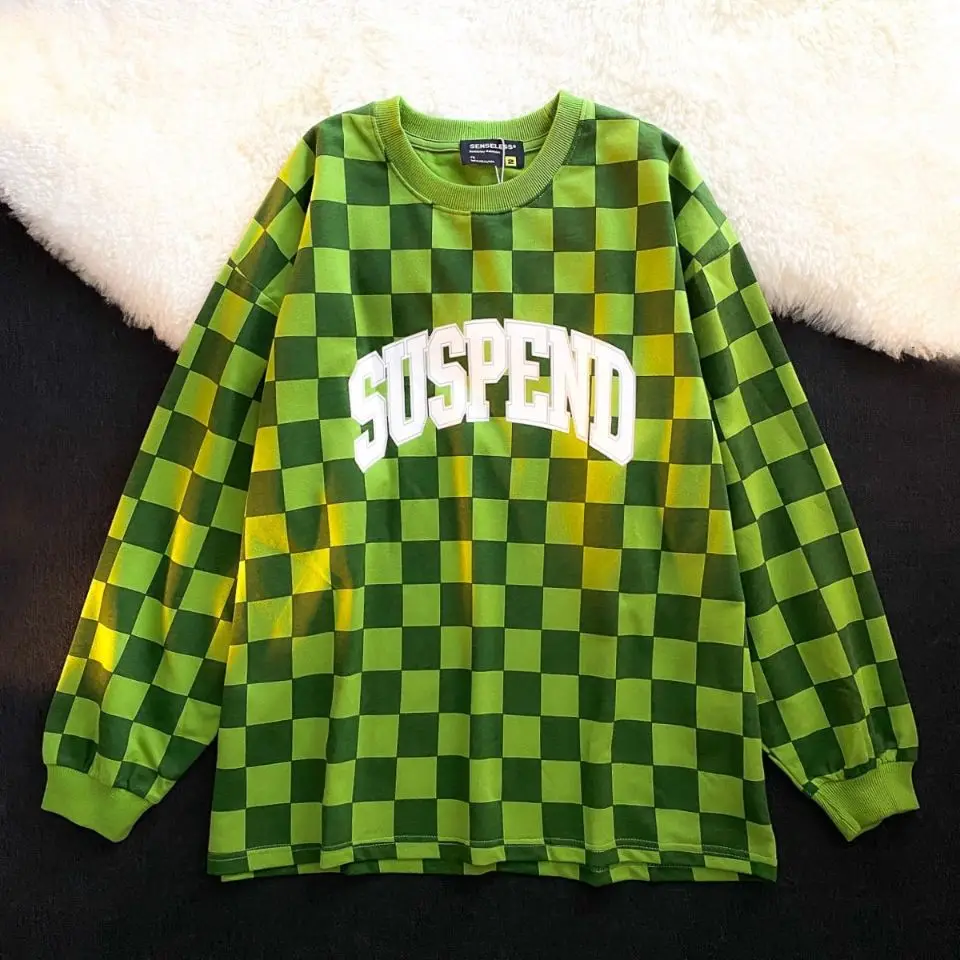 

American retro street checkerboard plaid sweater hip hop loose pullover long sleeved top couple wear cec k pop clothes kpop