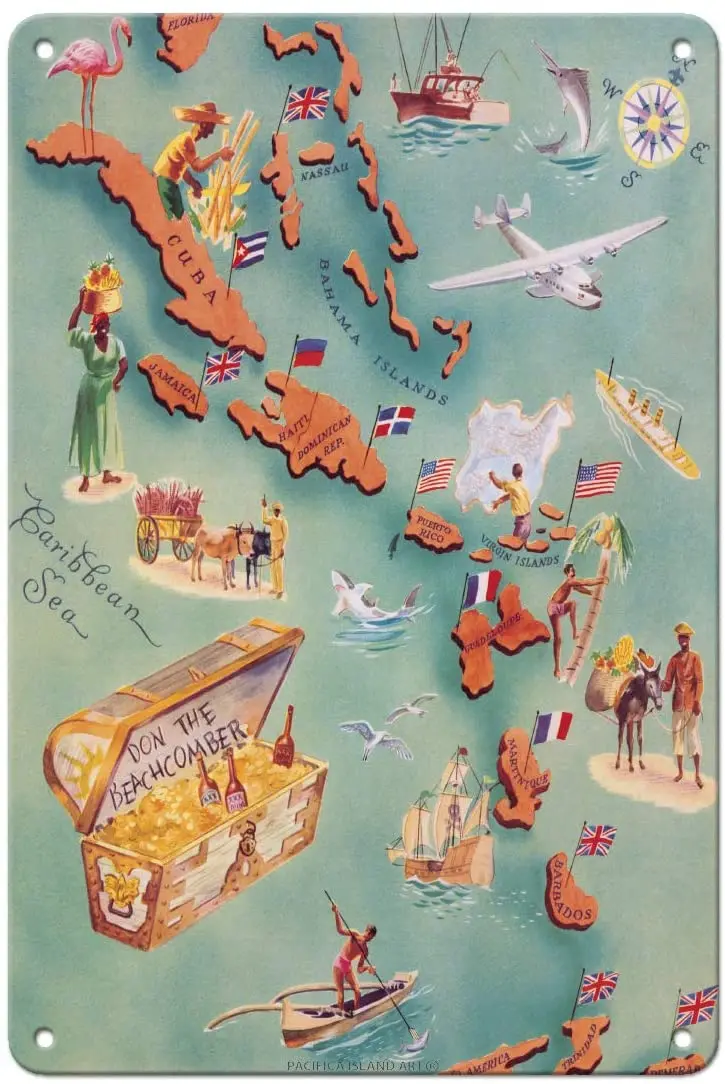 

Map of Caribbean Islands - Don The Beachcomber Tiki Bar and Restaurant - Vintage Illustrated Map Vintage Metal Tin Sign