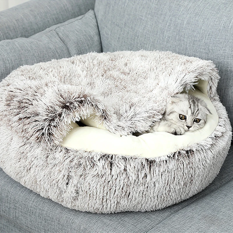 

2 In 1Pet Dog Cat Bed Round Plush Cat Warm Beds House Soft Long Plush Bed for Small Dogs Cats Nest Donut Warming Sleeping Beds