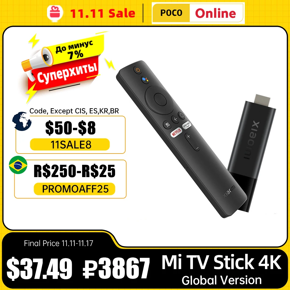 

Xiaomi Mi TV Stick 4K смартфон с четырёхъядерным процессором, ОЗУ 2 Гб, ПЗУ 8 ГБ, Android TV 11