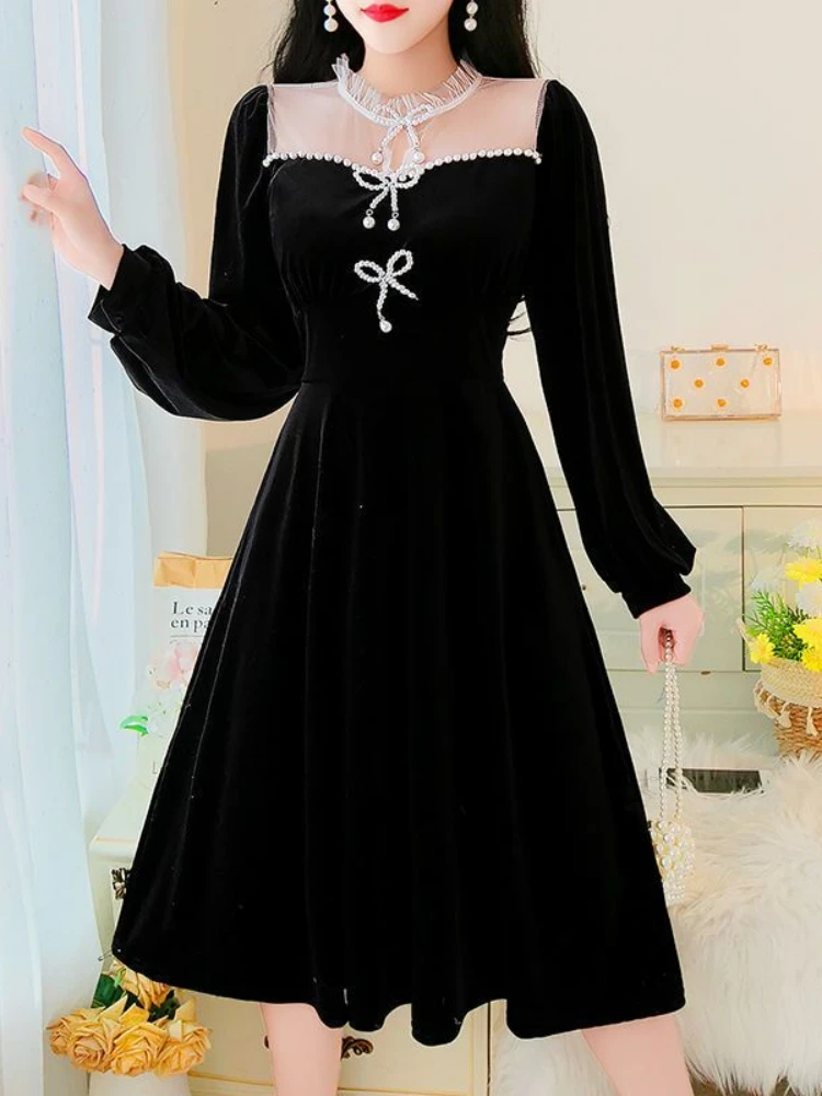 

Женское дизайнерское длинное платье с воротником-стойкой, однотонное Элегантное повседневное платье с рукавами-фонариками и бантом, модел...