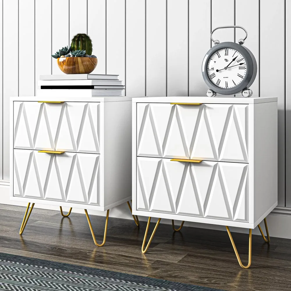 

Hommoo 2 Drawers Nightstand Set, Modern Bedside Table Set with Metal Leg, White, 16.54 x 14.57 x 21.46 Inches (L x W x H)