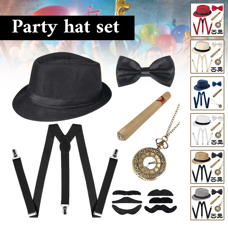 

1920S Mens Great Gatsby Cosplay Costumes Accessories Set Roaring 20s 30s Retro Party Supplies Gangster Costume Tie Hat