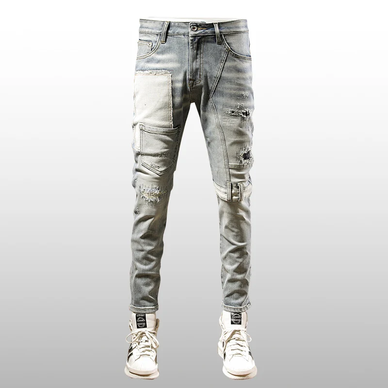 Street Fashion Men Jeans Retro Light Blue Elastic Stretch Skinny Ripped Jeans Men Spliced Designer Patched Hip Hop Pants Hombre