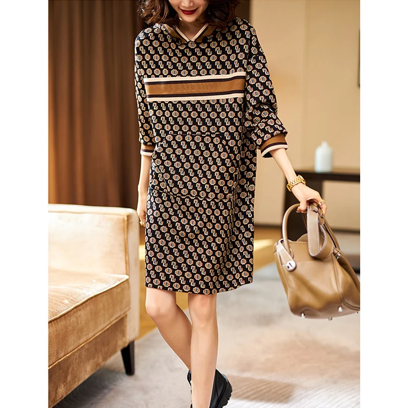 

High-End Women Dress 2022 Spring Autumn New Korean Hooded Sweater Dress Loose Casual Mid-Length Printed Dress Vestidos Female