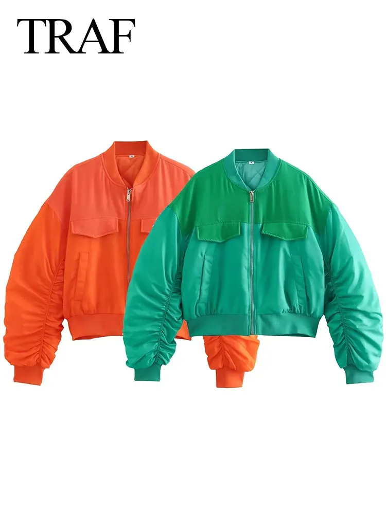 

TRAF Women's Cotton Coats Fashion Zipper Stand Collar Loose Baseball Uniform Long Sleeve Jacket Autumn Female Streetwear