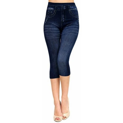 Женские джинсовые Леггинсы для йоги 2022, леггинсы стрейч с принтом, короткие брюки, летние бриджи