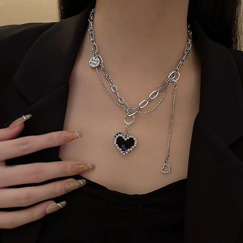 Jewelry Gift Hip Hop Mosaic Love Titanium Steel Necklace Women's Double Layer Diamond Embedding Junior High Design