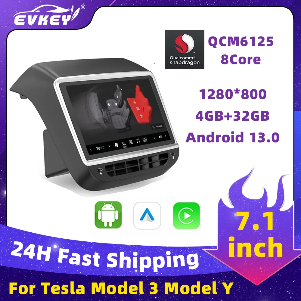 

Экран EVKEY 7,1 дюйма для Tesla Model 3, задняя панель дисплея Y, Android 13,0, управление кондиционером, мультимедийный плеер IPS