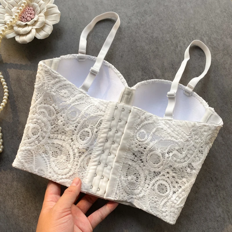 

Boho Lace Romantic Outer Wear Underwired Wrapped Rim Bra Tank Embroidered 3D Women's Corsets Sling Lingerie Padded Binder Bra