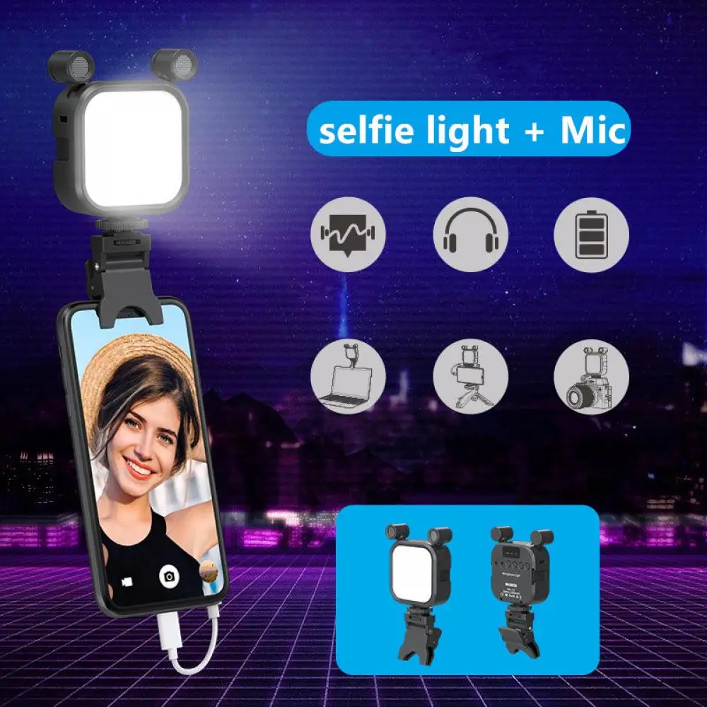

New Live Portable Mobile Phone Selfie Fill Light 2500K-9000K Clip-on LED Video Light For Laptop Smartphone Camera Light with Mic