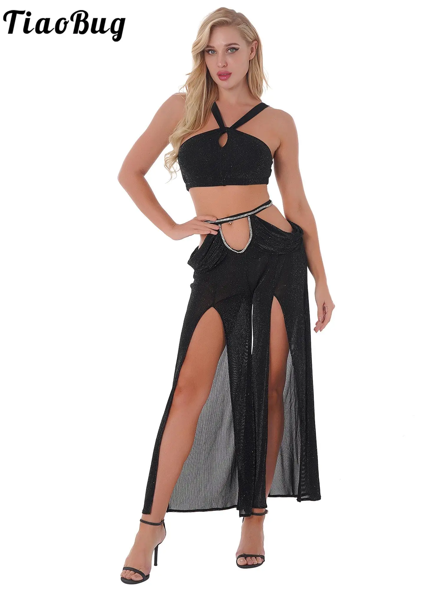 

Womens Modern Tango Dance Outfits Two-piece Show Sexy Sleeveless Crop Top Cutout Split Pants Set for Jazz Contemporary Dancewear