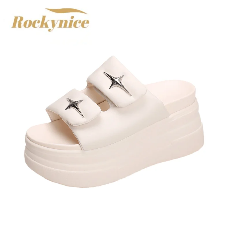 9cm Heels Chunky Platform Slippers For Women Open Toe Leather Wedges Sandals Woman Summer Thick Bottom Female Beach Flip Flops