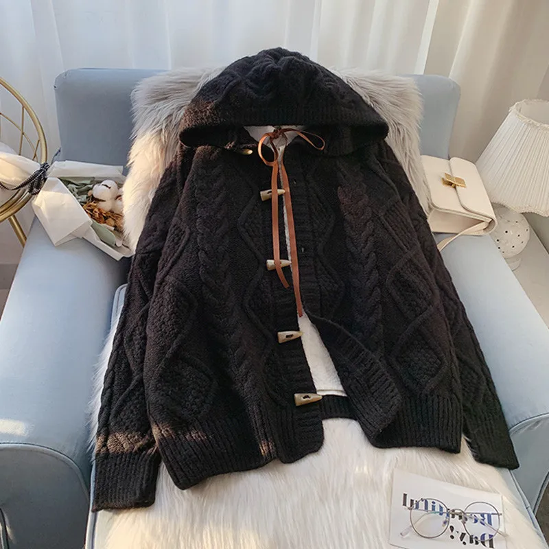 Японский свитер с капюшоном и пряжкой в стиле ретро женский свободный верхний