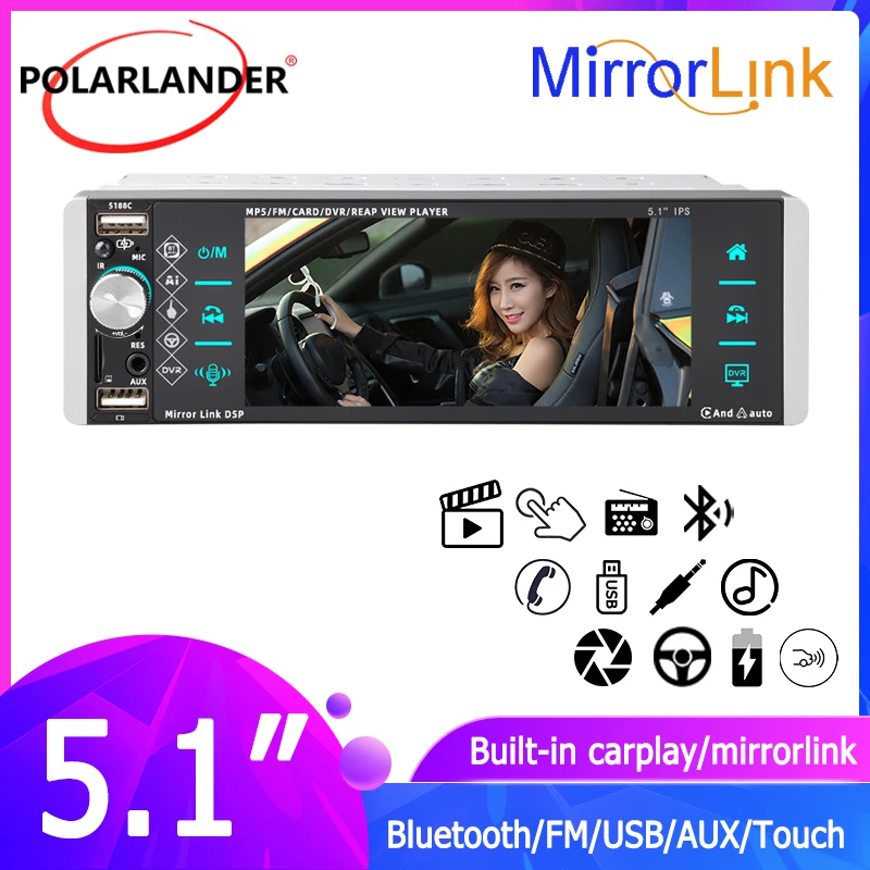 

Car Radio Multimedia MP5 Player 1 Din Autoradio 5.1" Mirror Link Built-in Carplay FM AM Bluetooth Touch Screen Intelligent Voice