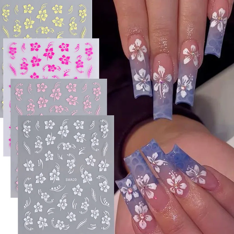 5D Hibiscus Flower Nail стикер с тиснением акриловый белый розовый Золотой лепесток лист