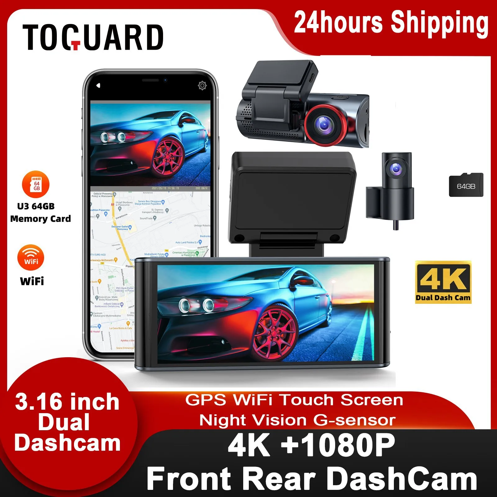 Автомобильный видеорегистратор TOGUARD с двумя объективами 4K UHD и сенсорным экраном, видеорегистратор с передней и задней камерой, ночным видением, GPS, Wi-Fi, акселерометром, автомобильные регистраторы