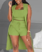 casual women 3pcs ribbed crop tank top shorts set with vest cardigan office women suit 2022 summer new
