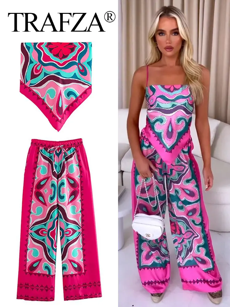 TRAFZA 2023 Women Fashion Print Blouse Pants Sets Summer Causal Headband Style Sling Top Drawstring Straight Long Pant Suit