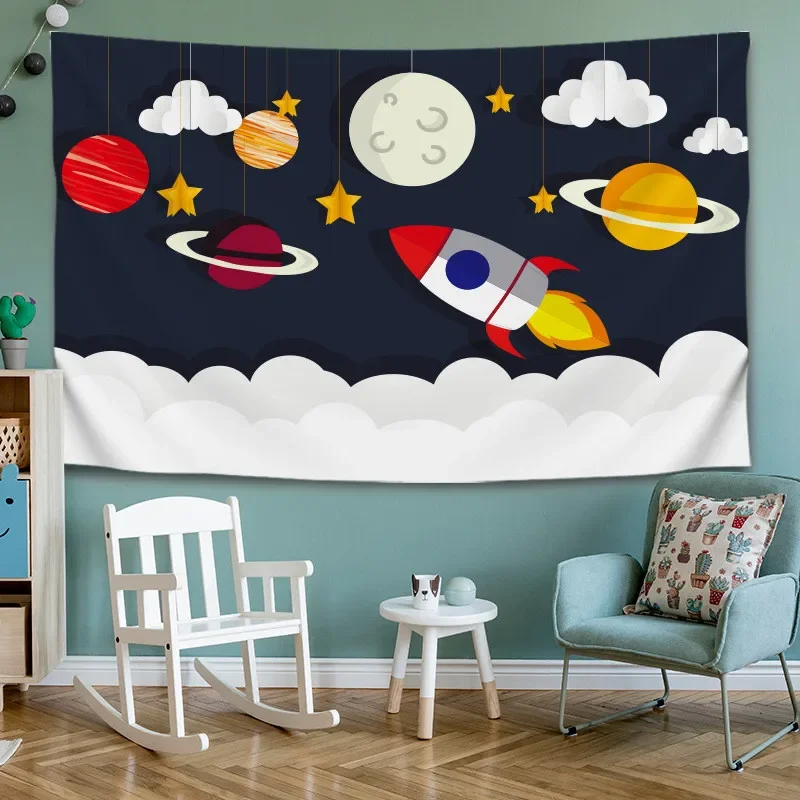 Гобелен с мультяшным космосом астронавтом для детской комнаты синий фон