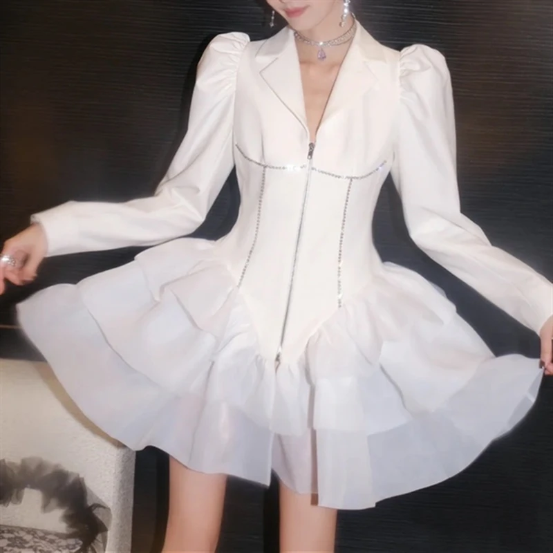 Элегантное однотонное Черное Осеннее платье с пышными рукавами и отложным