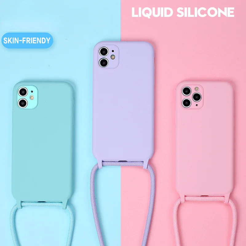Original Liquid Silicone Cases For iPhone 13 12 11 Pro XS Max X XR SE2 8 7 Plus 6 Soft Candy Cover+Crossbody Lanyard Neck Strap