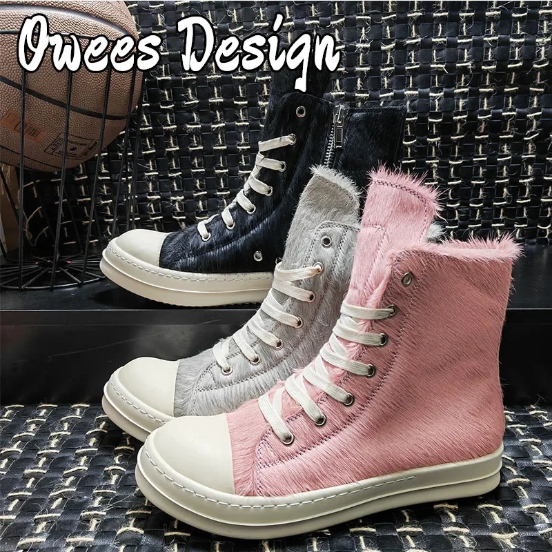 Owees Design Конский мех Geobasket Высокие роскошные кроссовки Мужчины Черные кожаные