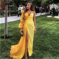 oimg yellow organza evening dresses one shoulder pufff long sleeve slit arabic women formal occasion dress party prom gown
