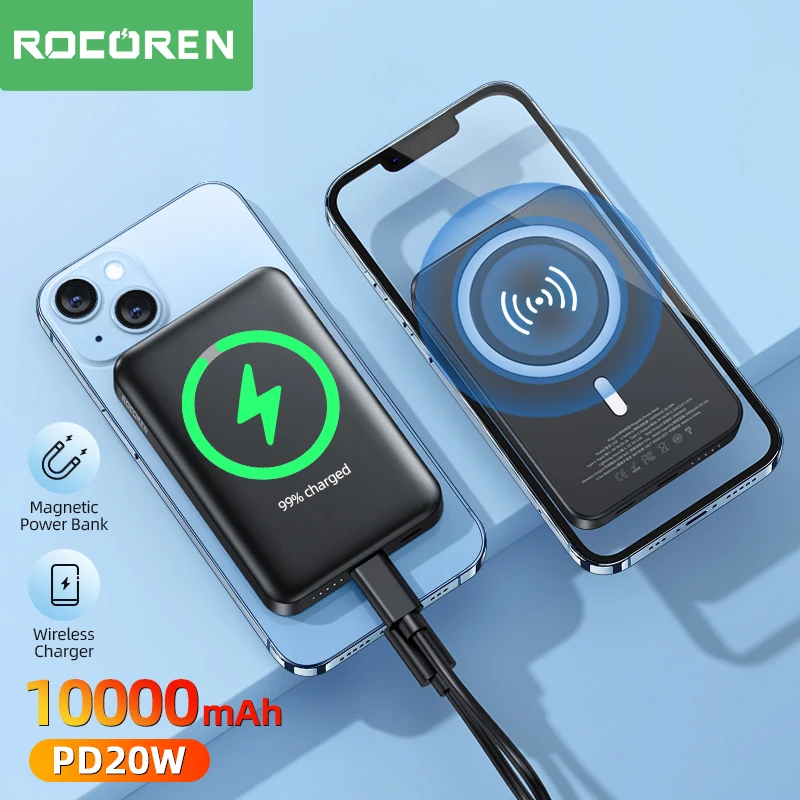 

Rocoren 10000mAh Magnetic Power Bank 5000mAh Wireless Charger Mini Powerbank For iPhone 14 13 12 Pro Portable External Battery