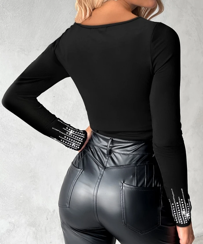 Женский сексуальный пуловер с круглым вырезом и длинными рукавами украшенный