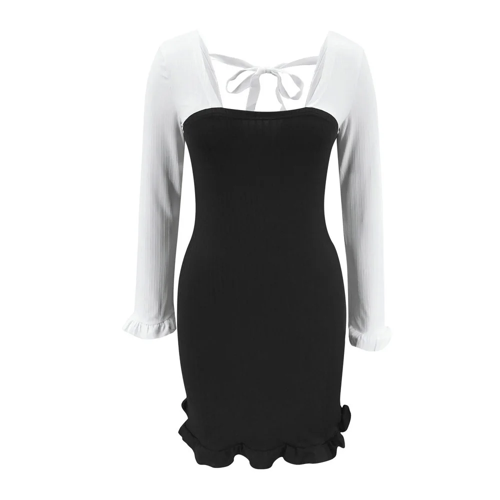 

Fall Dress Sexy Slim Fit Colorblock Backless Tie Ruffle Dress