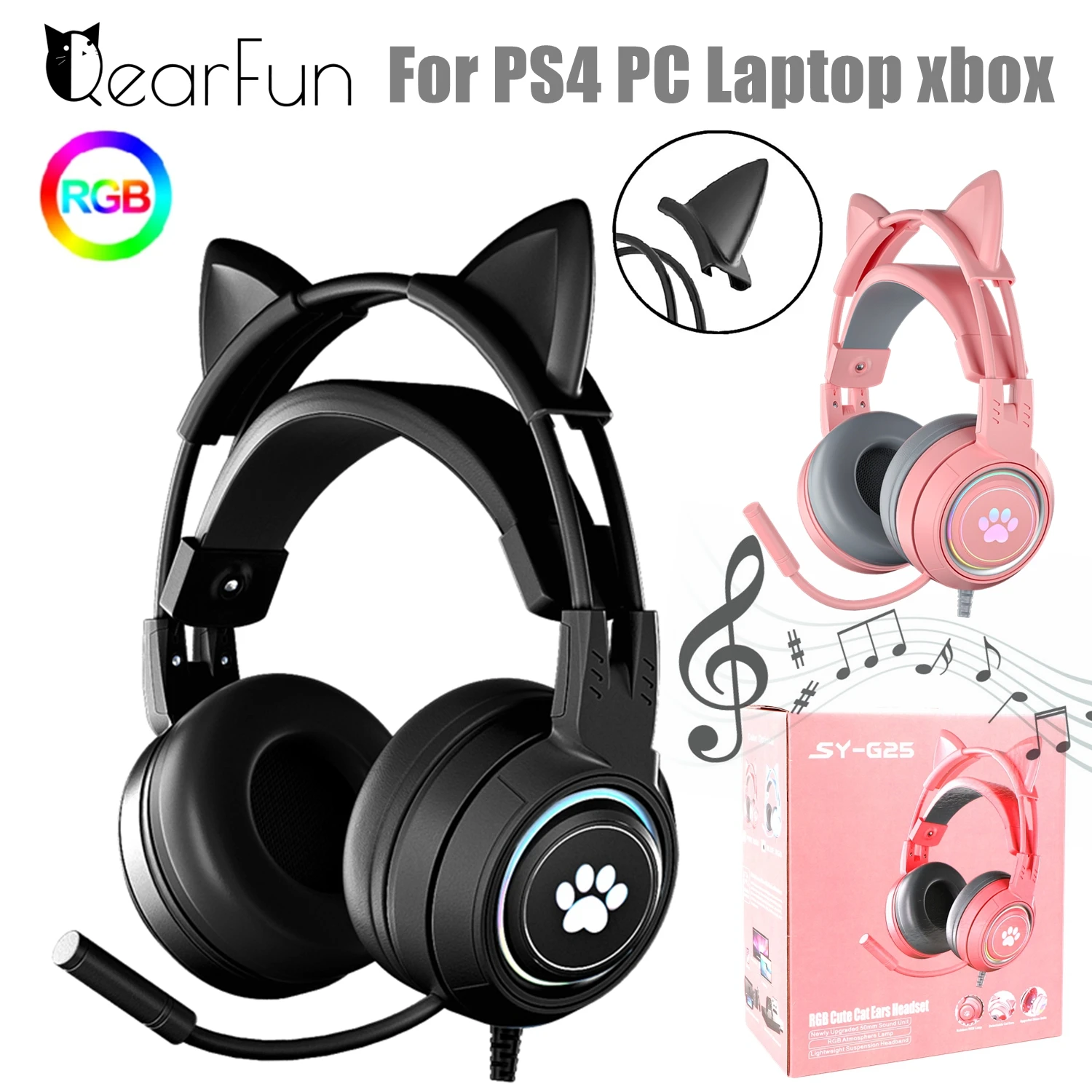 

QearFun HiFi Stereo PC Headset Gamer Girls Pink Cat Headphones with Microphone RGB Light for PS4 Laptop Phone Wired Earphone